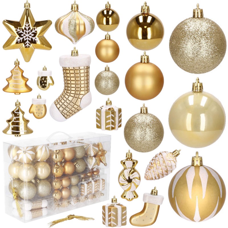 Set globuri si decoratiuni de Craciun, 77 piese, diverse dimensiuni, auriu