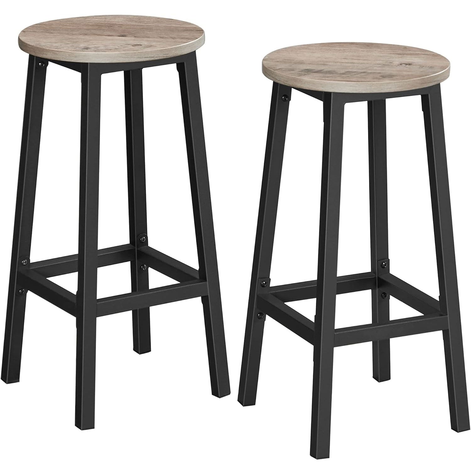 VASAGLE Set 2 scaune bar inalte, sezut rotund, cadru din otel, inaltime 65 cm, stil industrial, gri