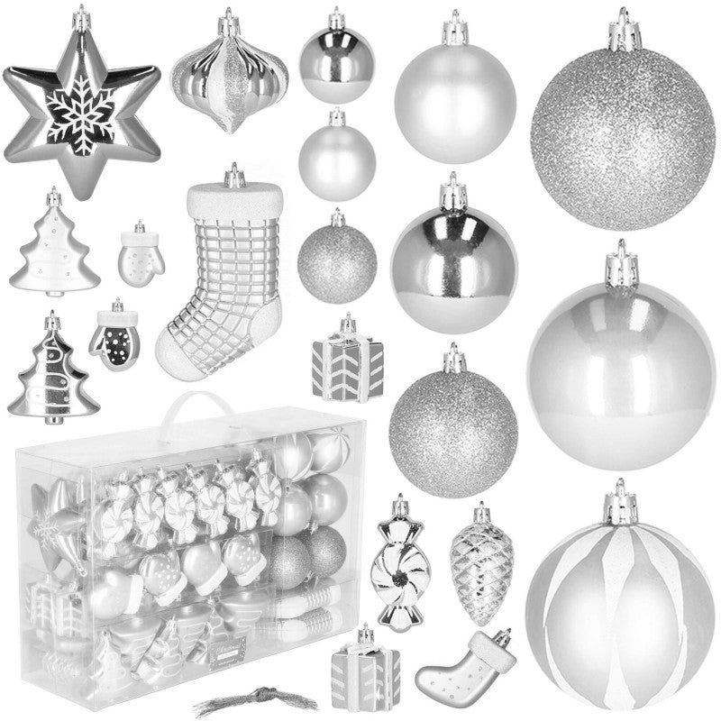 Set globuri si decoratiuni de Craciun, 77 piese, diverse dimensiuni, argintiu