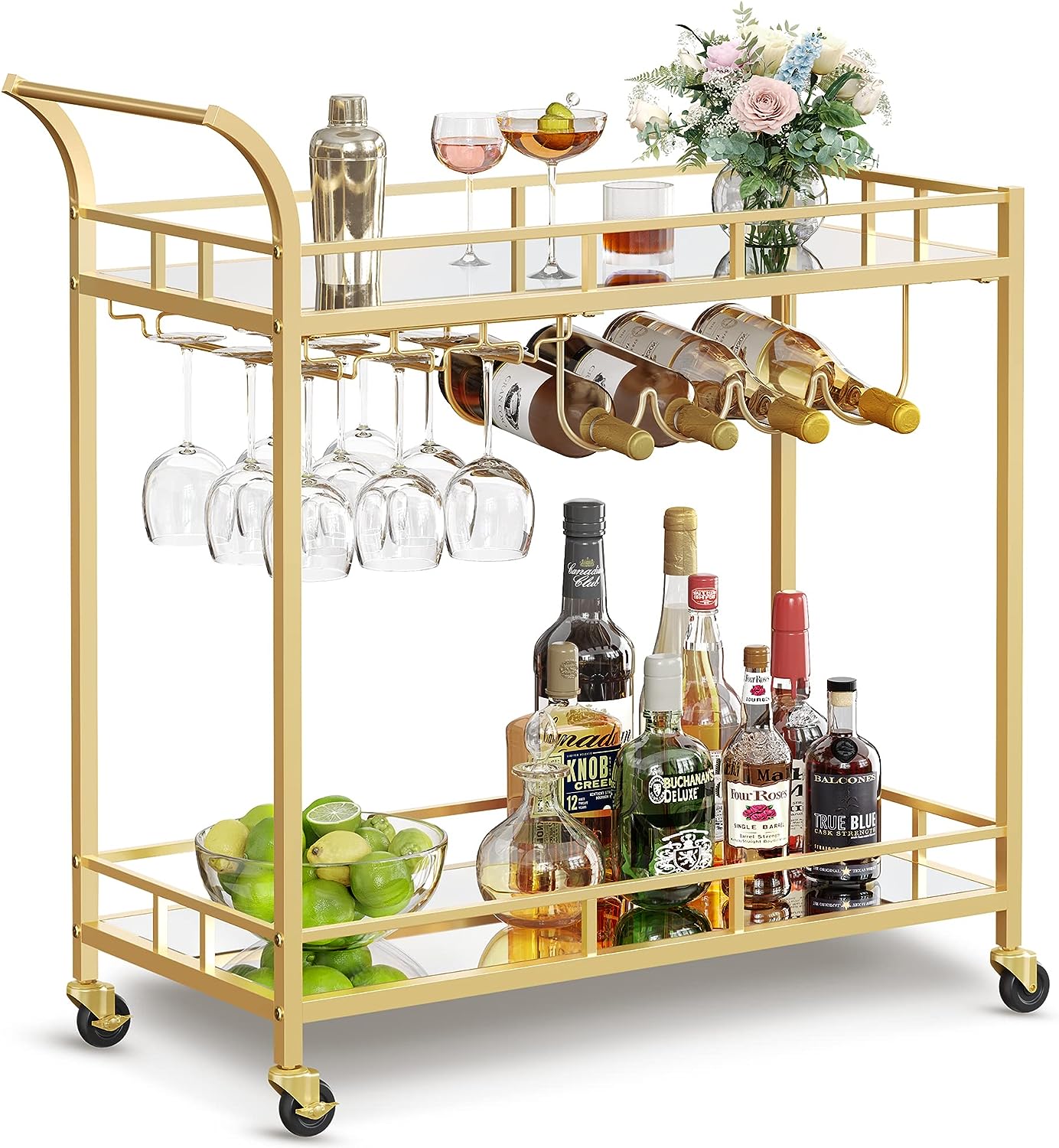 VASAGLE Carucior de servire pentru vin, suport sticle si pahare, cu 2 rafturi din sticla, 38x86x90cm, auriu