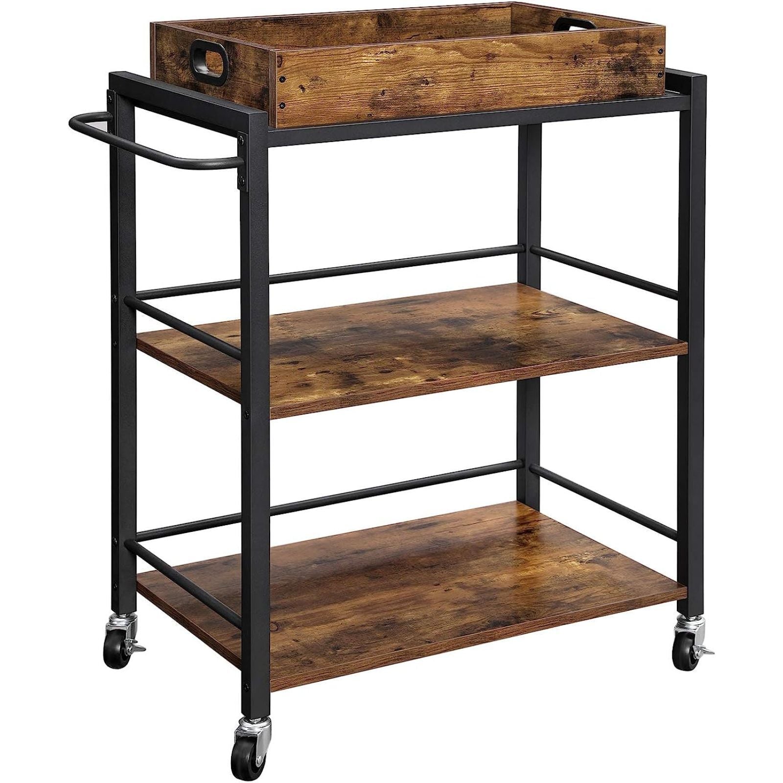 VASAGLE Carucior de servire pe roti pentru bucatarie, 3 polite, tava detasabila, stil industrial, 40x72x86cm, maro rustic