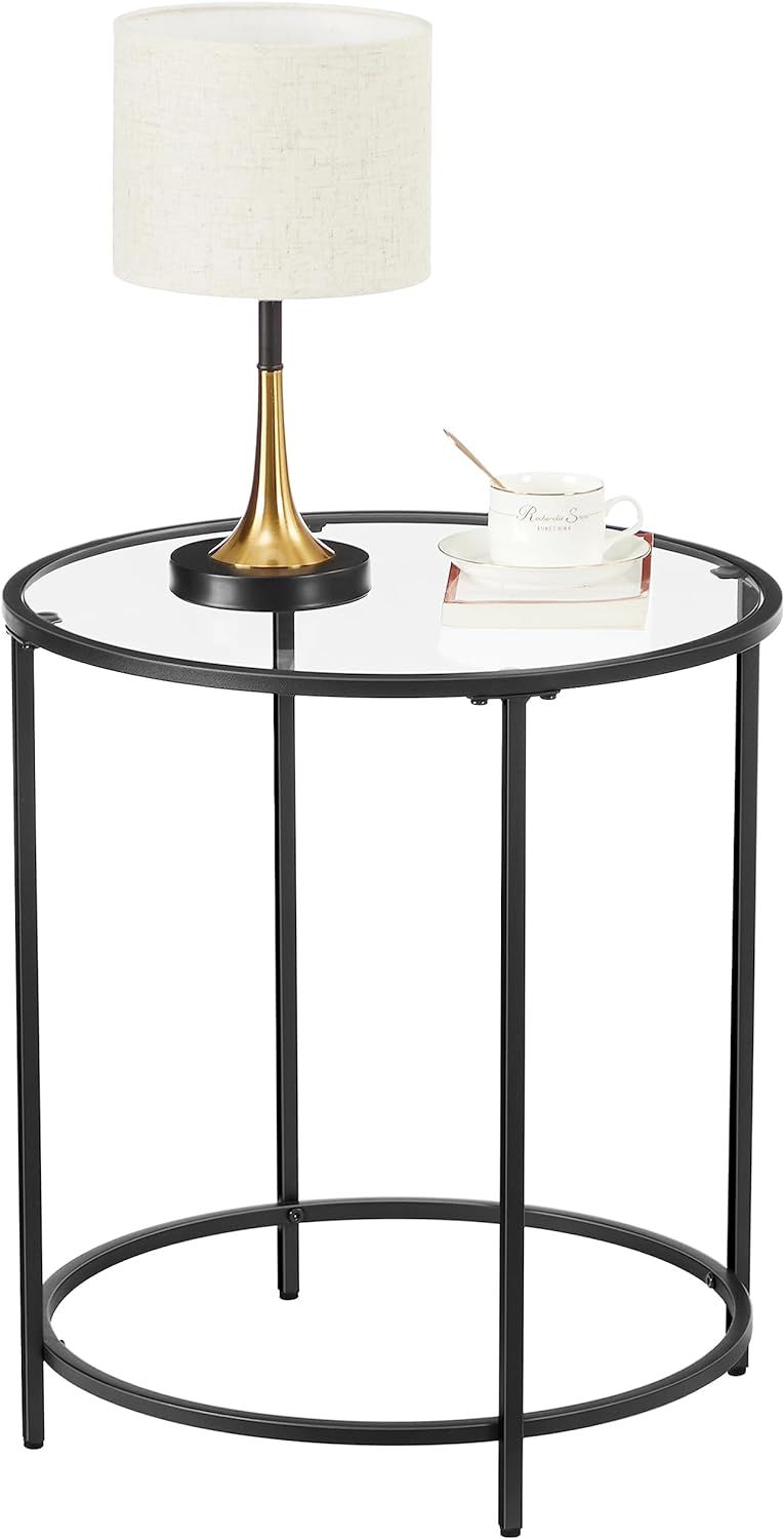 VASAGLE Masa rotunda, din sticla securizata cu cadru de otel, noptiera, 50x50x55cm, negru