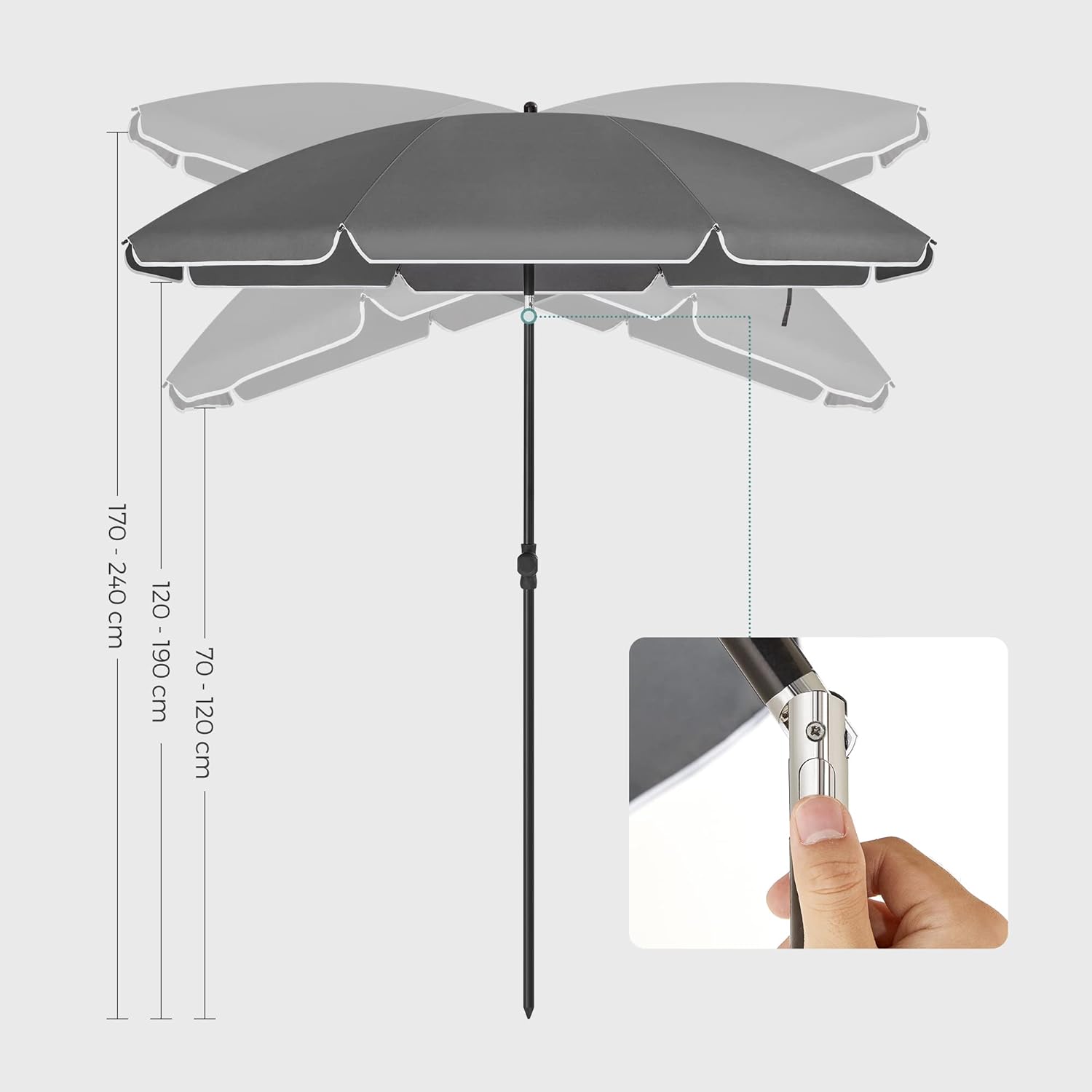 SONGMICS Umbrela terasa gradina sau plaja, cu inclinare, husa, diametru 200cm, gri