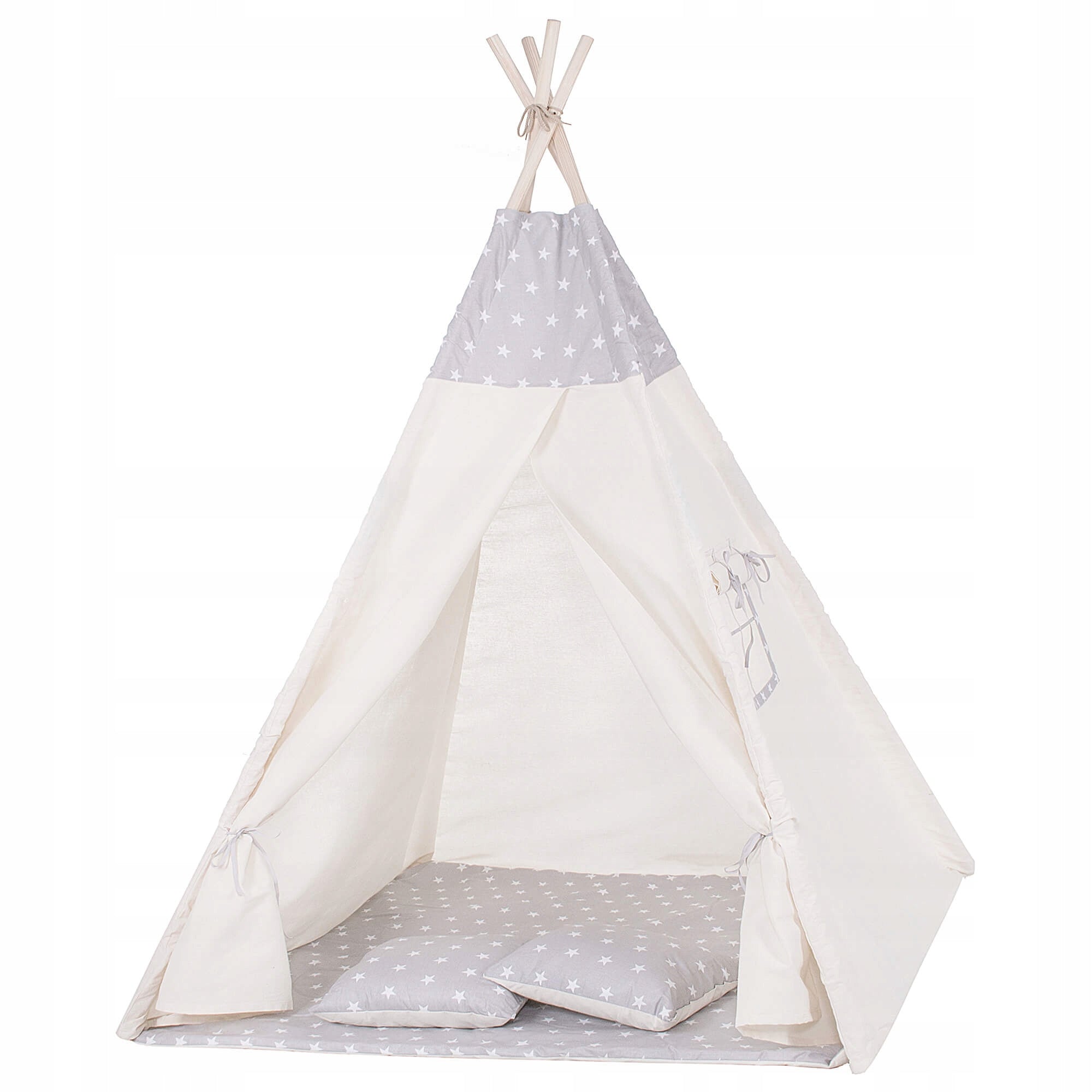 Cort copii Sersimo stil indian Teepee Tent cu fereastra, covoras gros si 2 perne, alb gri