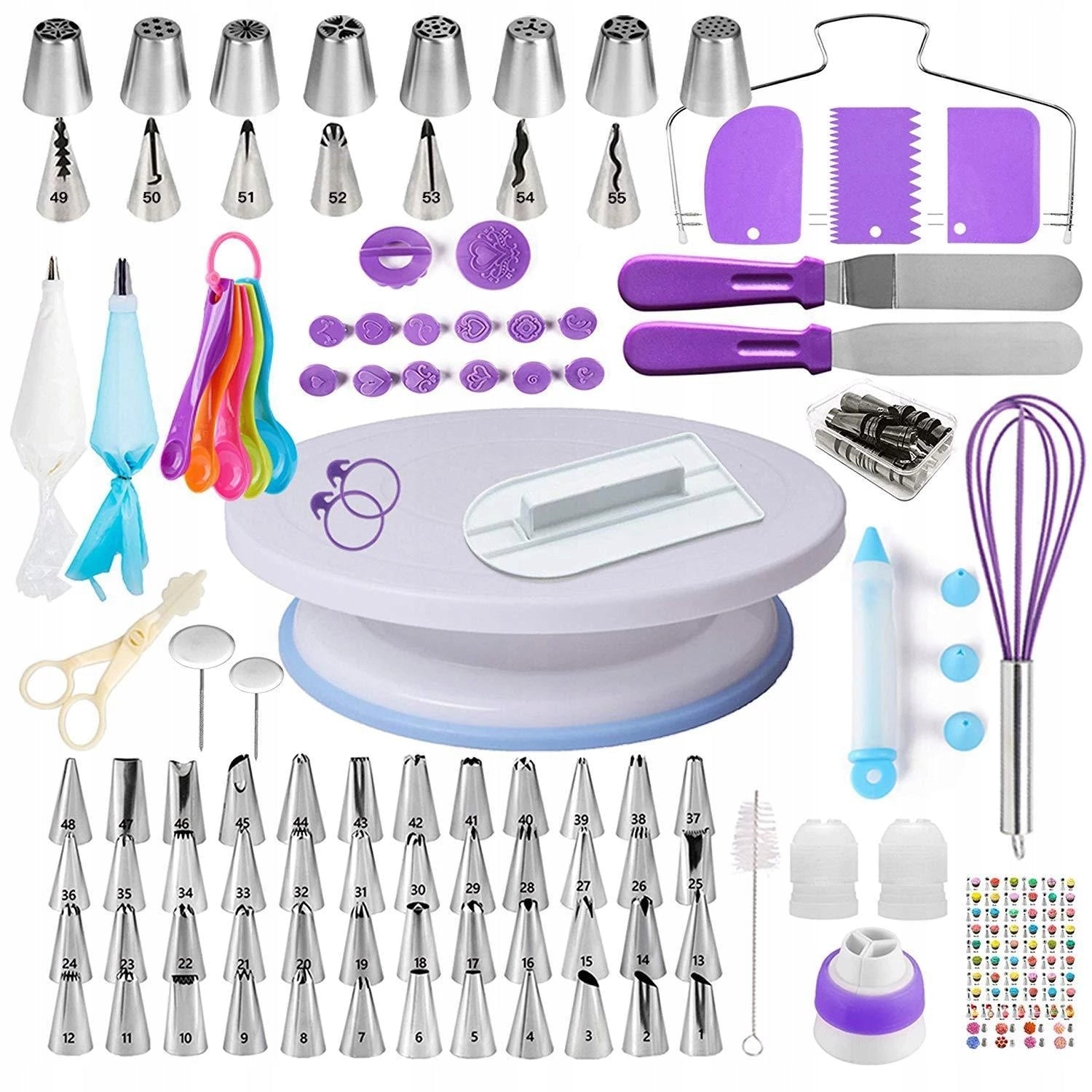 Set patiserie cu platou rotativ, 137 piese cu sabloane pentru ornarea prajiturilor