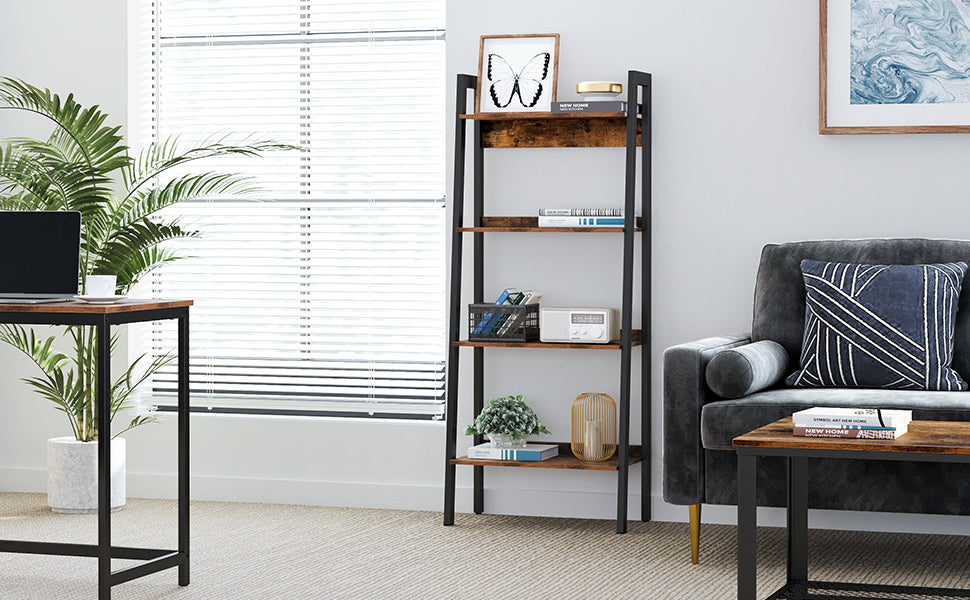 Biblioteca tip scara, cadru otel cu 4 polite din MDF, stil industrial, 56x34x138cm, maro rustic si negru