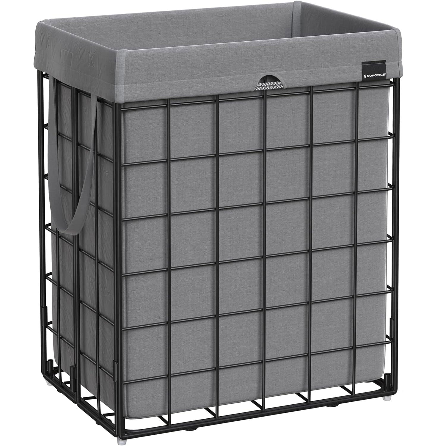 SONGMICS Cos de rufe pliabil cu cadru metalic, sac detasabil si lavabil, 90L, 48x33x58cm, negru si gri