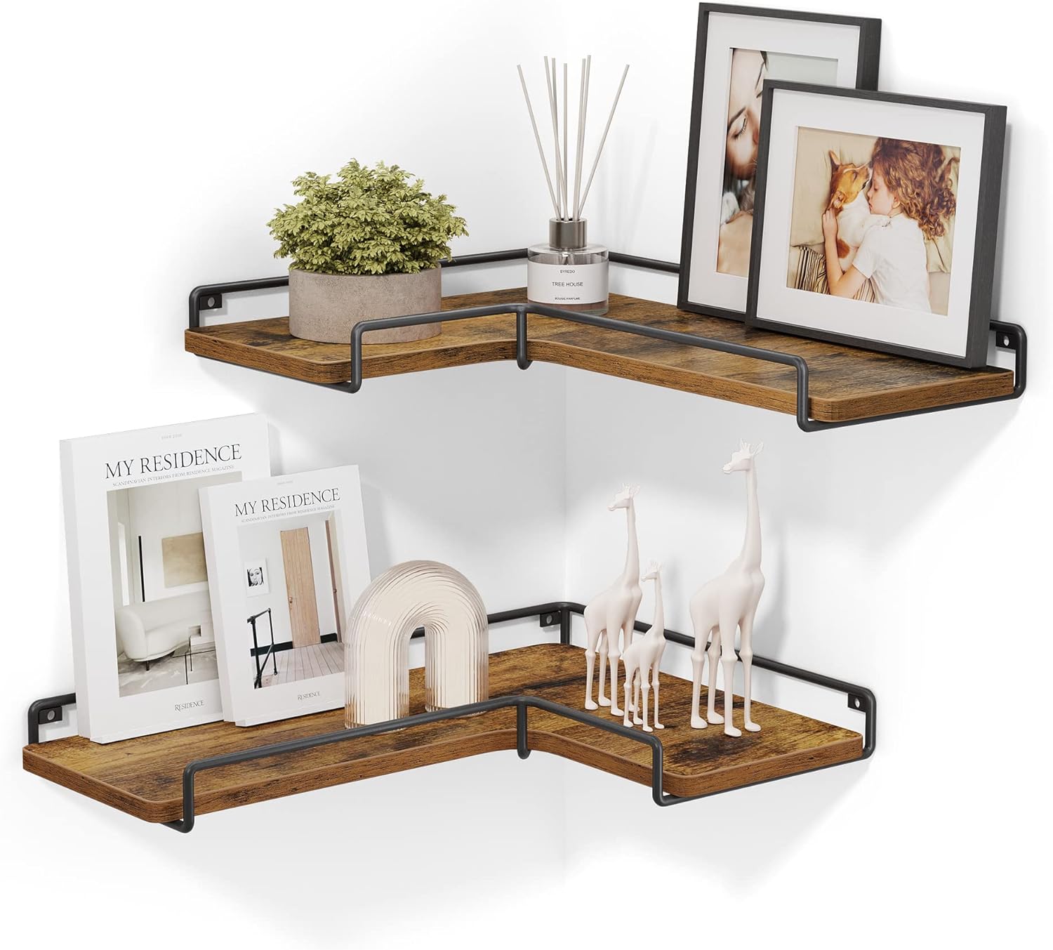 Set de 2 rafturi plutitoare de colt in forma de L, stil industrial, 40x29x14cm, maro rustic și negru