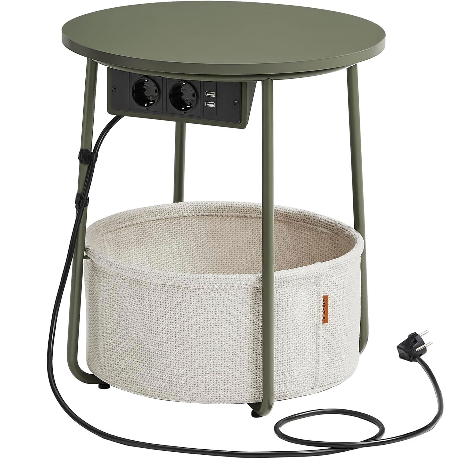 VASAGLE Masuta de cafea rotunda cu cos de stofa, statie de incarcare 2 prize si 2 USB, 45x50cm, verde crem