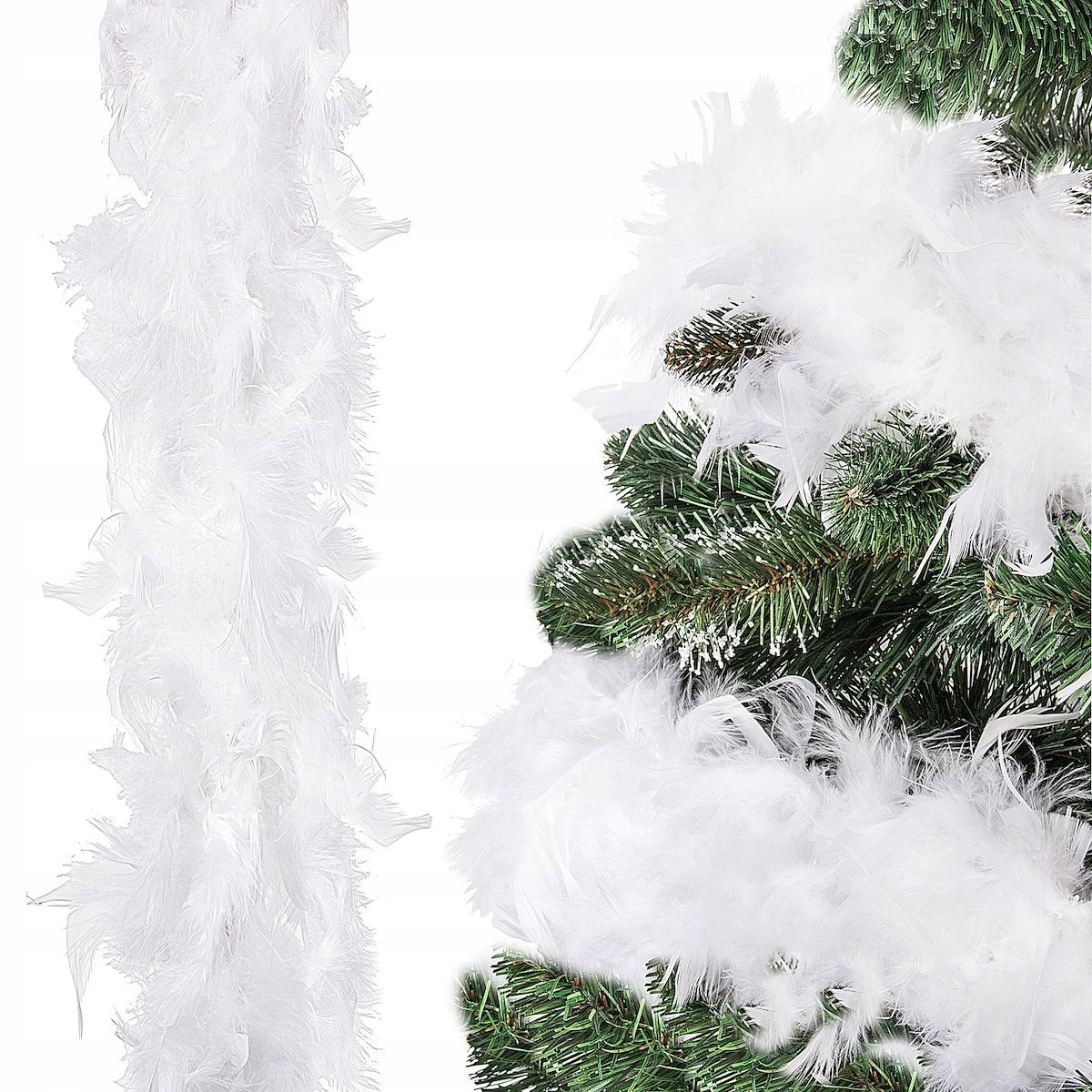 Ghirlanda pentru decor sau bradul de Craciun, model puf si pene, alba, 300cm