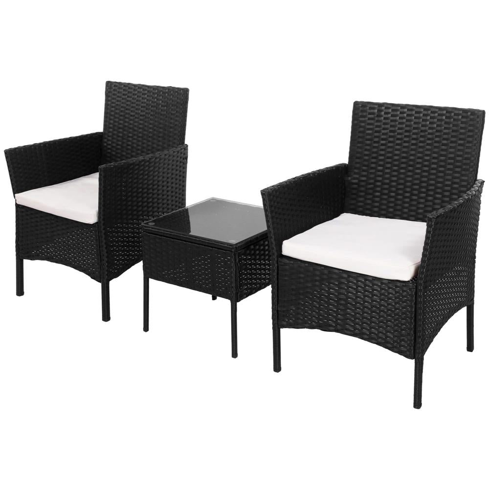 Set mobilier terasa, din tehnorattan, masa cu blat sticla securizata, 2 fotolii cu perne, negru