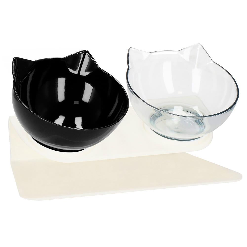Bol ortopedic dublu pentru hrana si apa pisici, inclinare de 15 grade, baza antiderapanta, transparent si negru