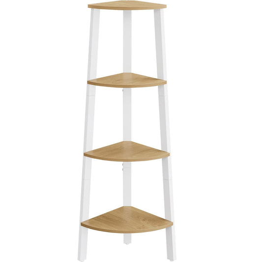 VASAGLE Raft de colt cu 4 etaje, tip biblioteca, cadru metal si polite lemn, 34x34x125 cm, alb si maro