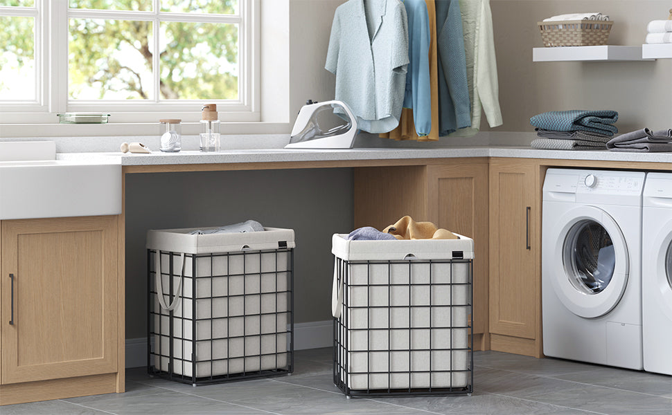 SONGMICS Cos de rufe pliabil cu cadru metalic, sac detasabil si lavabil, 90L, 48x33x58cm, negru si alb