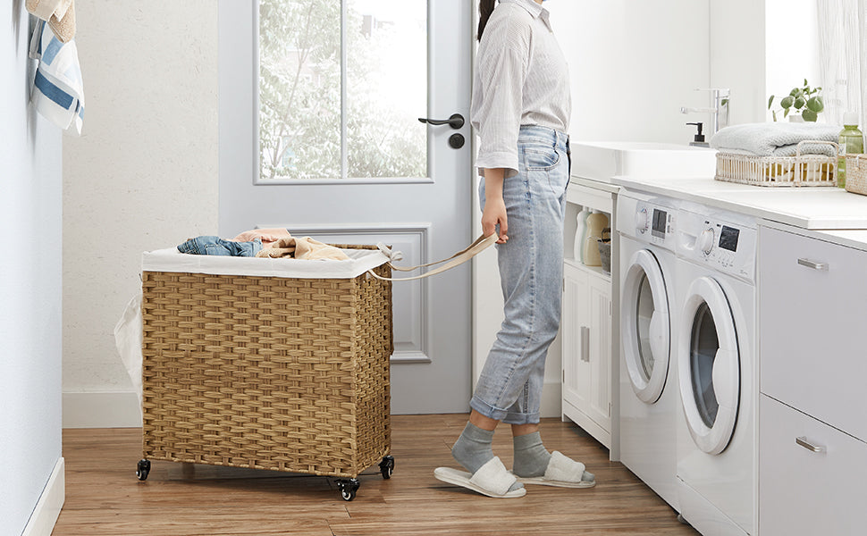 SONGMICS Cos de rufe tesut manual, cu captuseala detasabila lavabila, 3 compartimente, stil ratan, 140 litri, 66x33x60 cm, maro