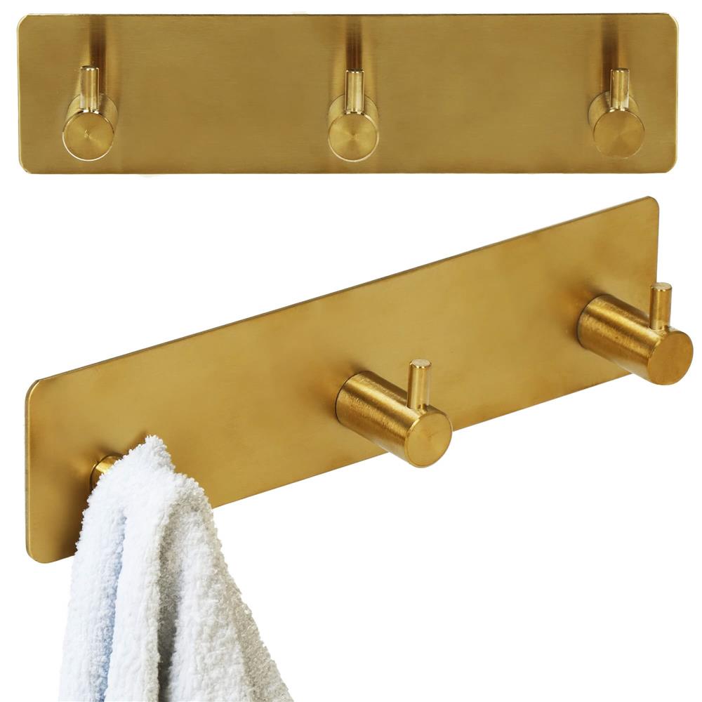 Cuier de baie pentru prosoape, montare fara gaurire, otel, 3 agatatori, 18x4.5cm, auriu