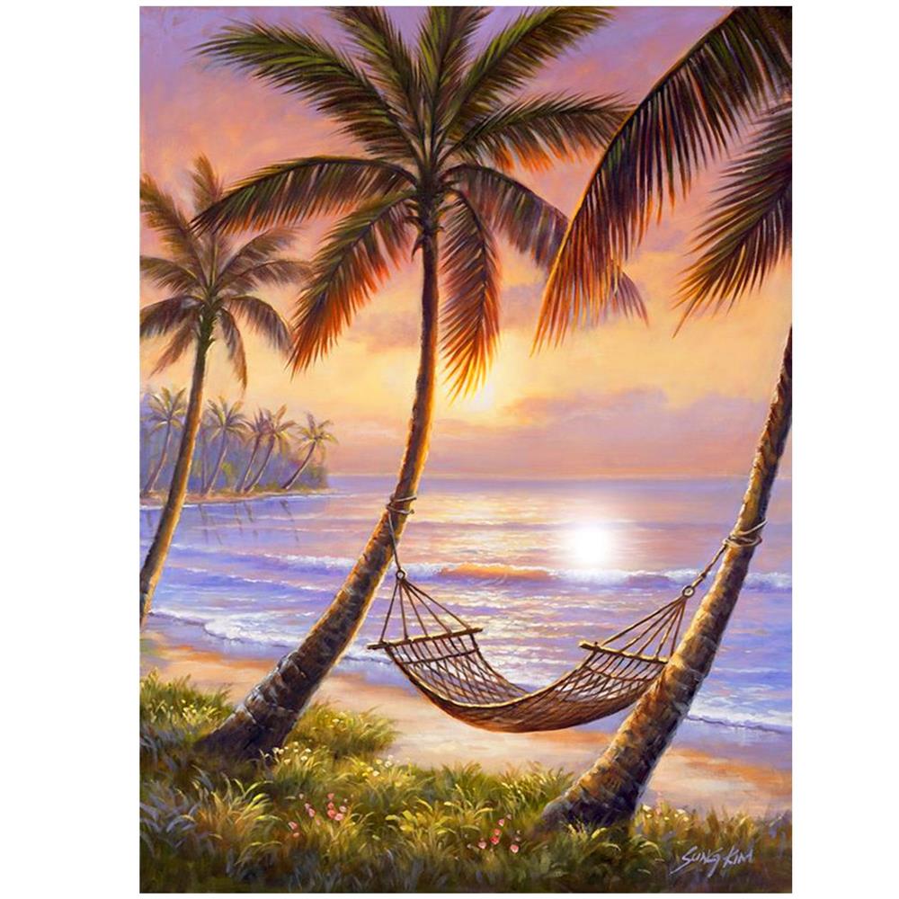 Set de broderie cu diamante 5D, 30x40cm, model Hamac pe plaja