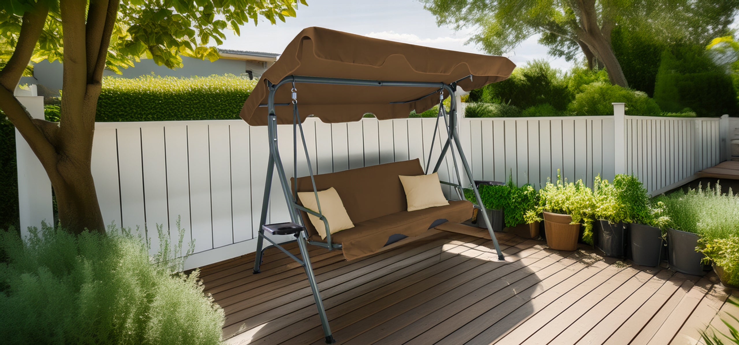 Leagan gradina 3 locuri 170x118x153 cm, cu perne, baldachin reglabil si masute laterale, structura otel, maro