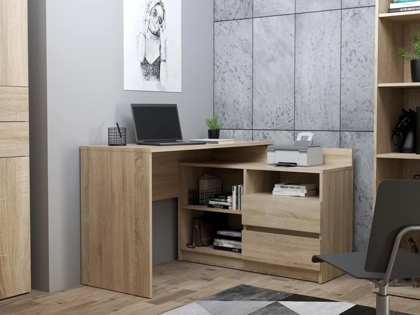 Birou colt Delta 120x50x75 cm cu comoda 100x42x72 cm, 2 sertare, montaj stanga/dreapta, sonoma - 2