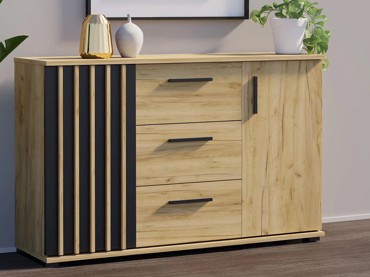 Comoda moderna cu 3 sertare si 2 usi, 140x38x80 cm, finisaj negru craft - 2