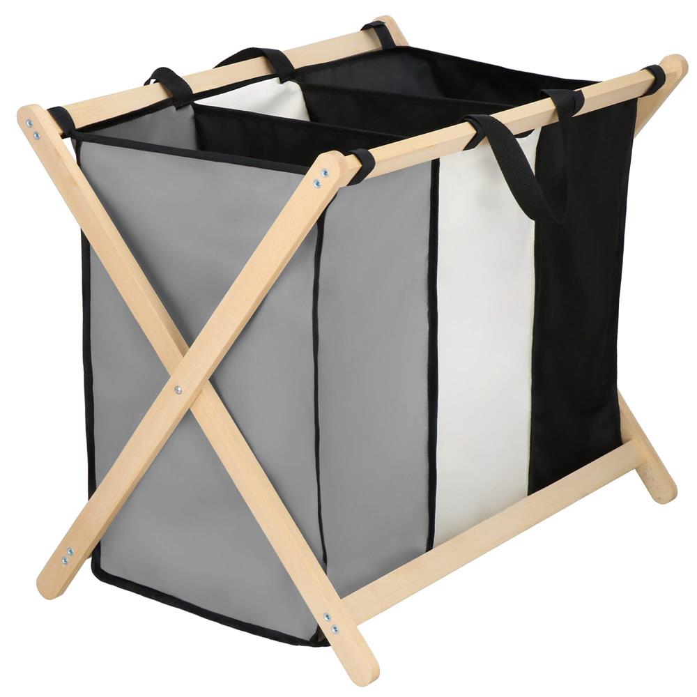 Cos de rufe cu 3 compartimente, cadru din lemn, 67x43x55 cm, 105 litri