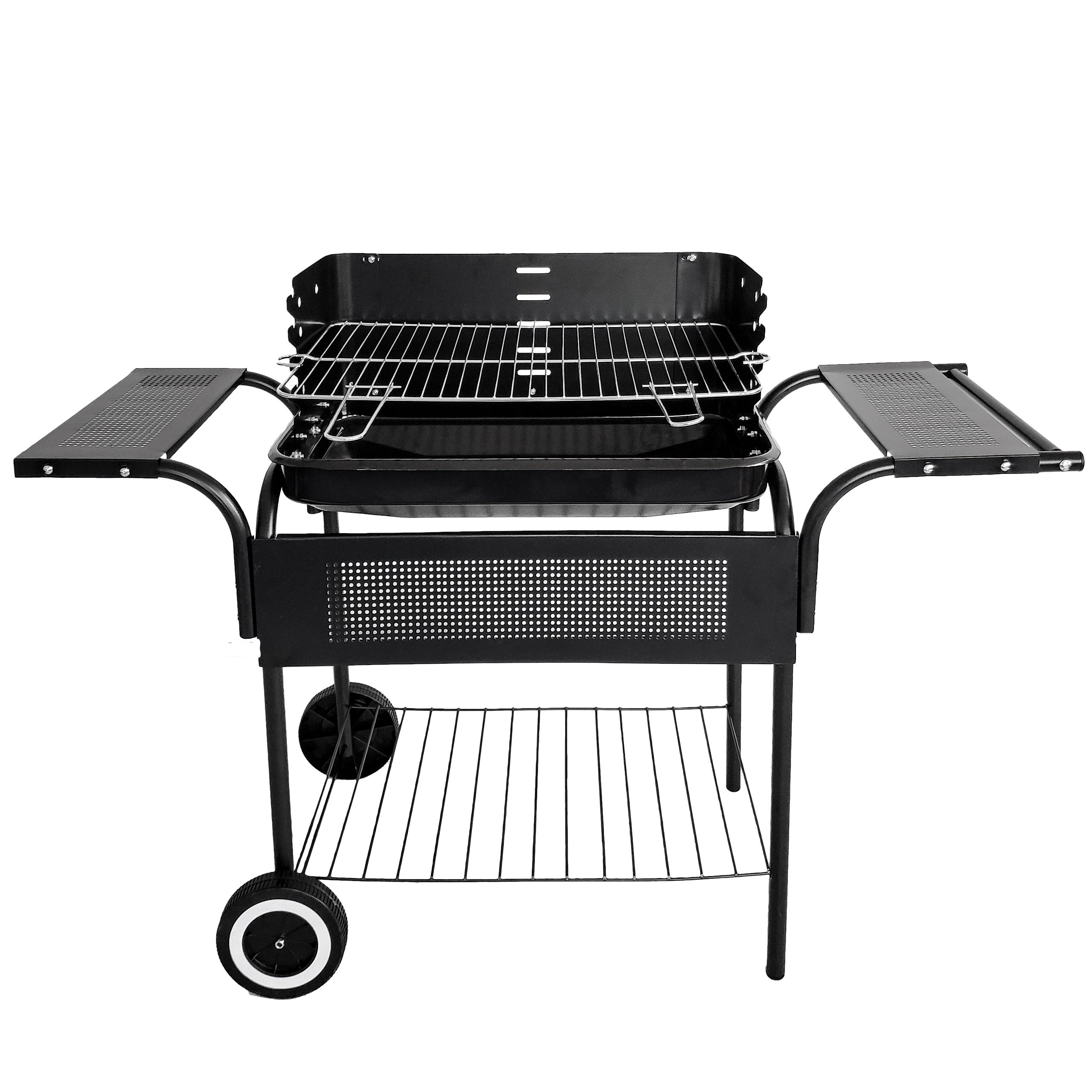 Gratar gradina 113x40x80 cm, gratar cromat 53x34 cm, 5 trepte reglaj, 3 rafturi si roti pentru mobilitate