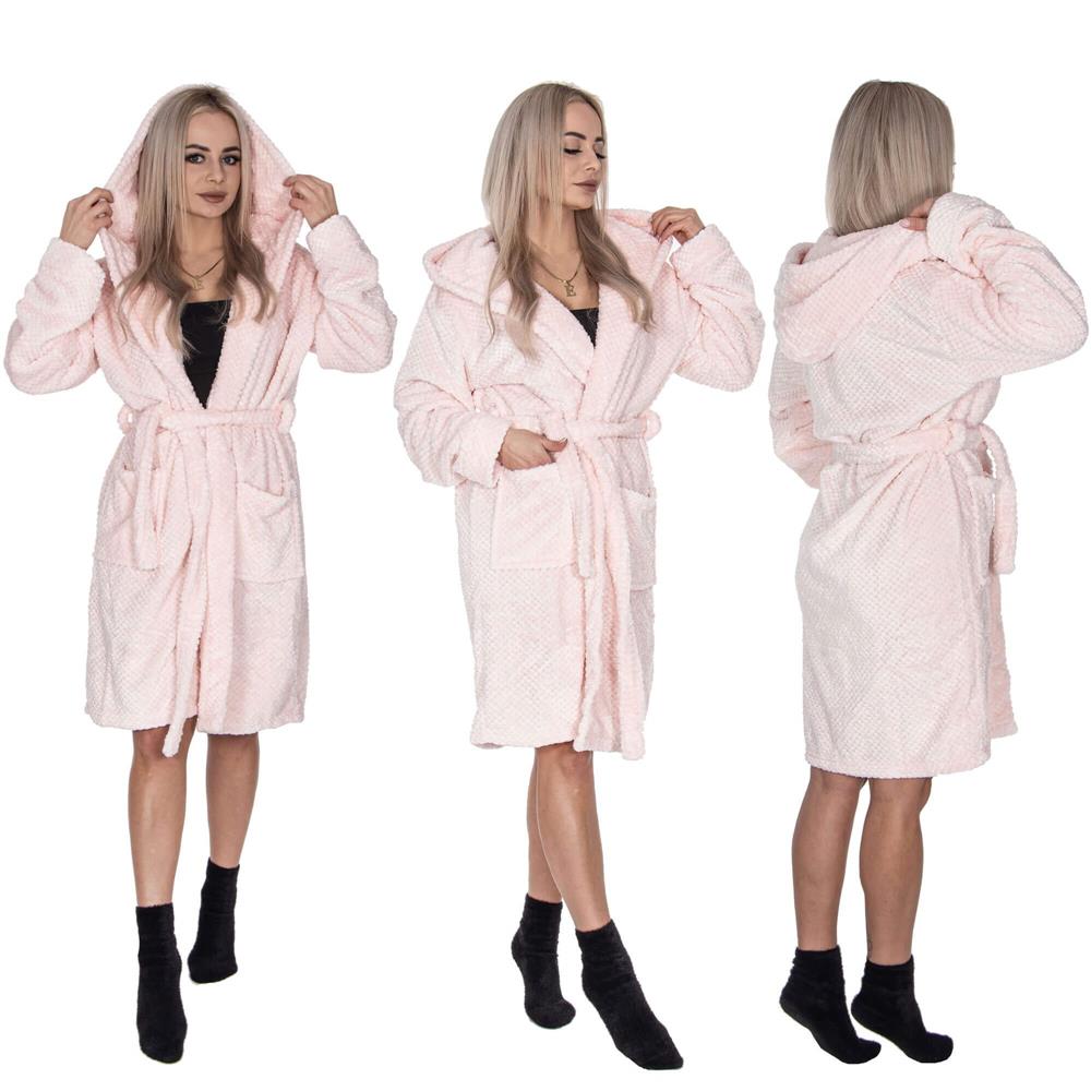 Halat de baie pentru femei pana la genunchi, cu gluga, marimea L/XL, roz
