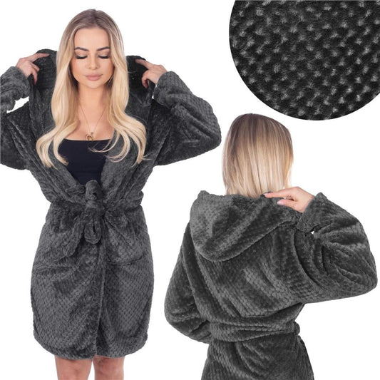 Halat de baie pentru femei pana la genunchi, cu gluga, marimea S/M, gri inchis - 2