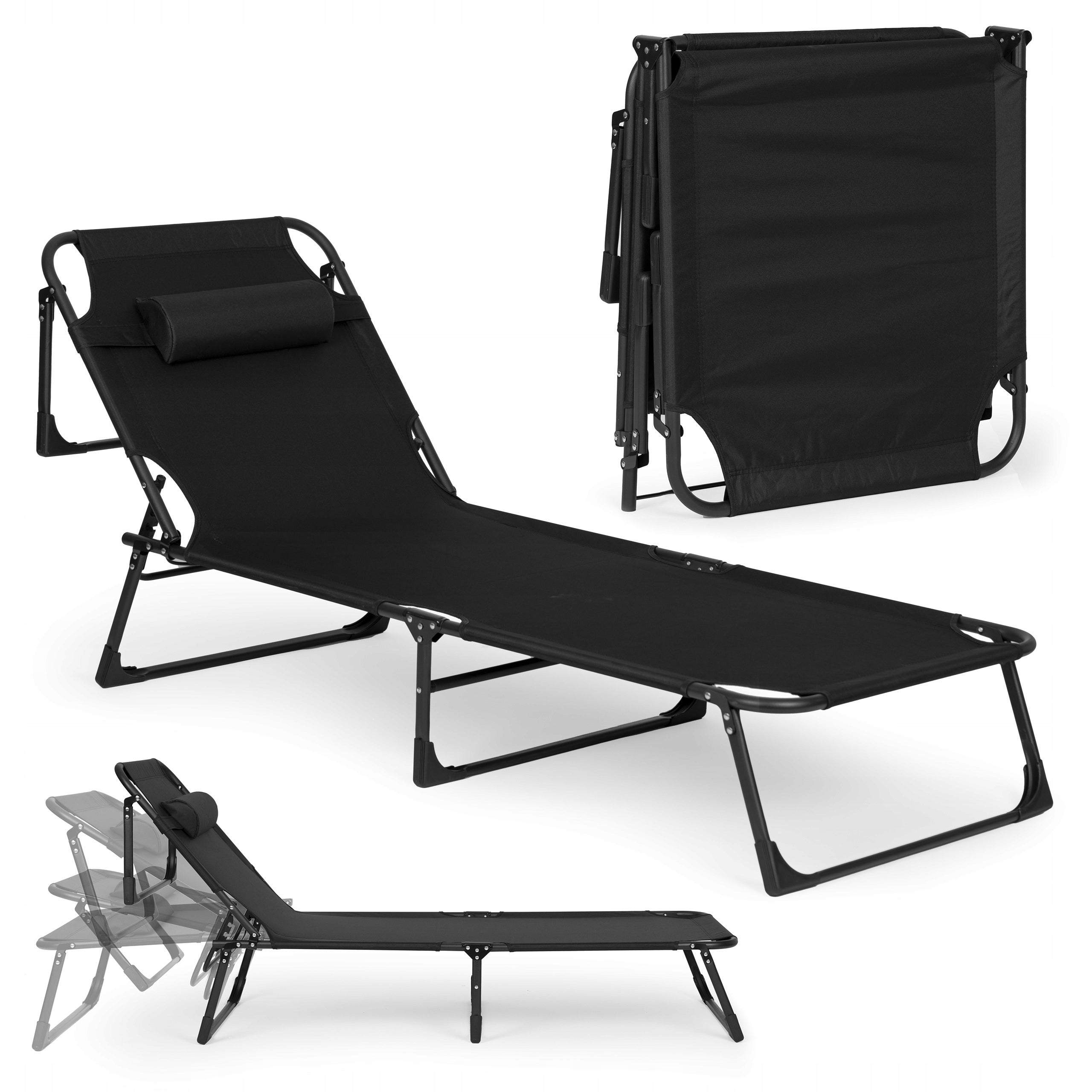 Sezlong pliabil 193x67x79 cm, spatar reglabil 4 pozitii, cadru otel si material Oxford, negru