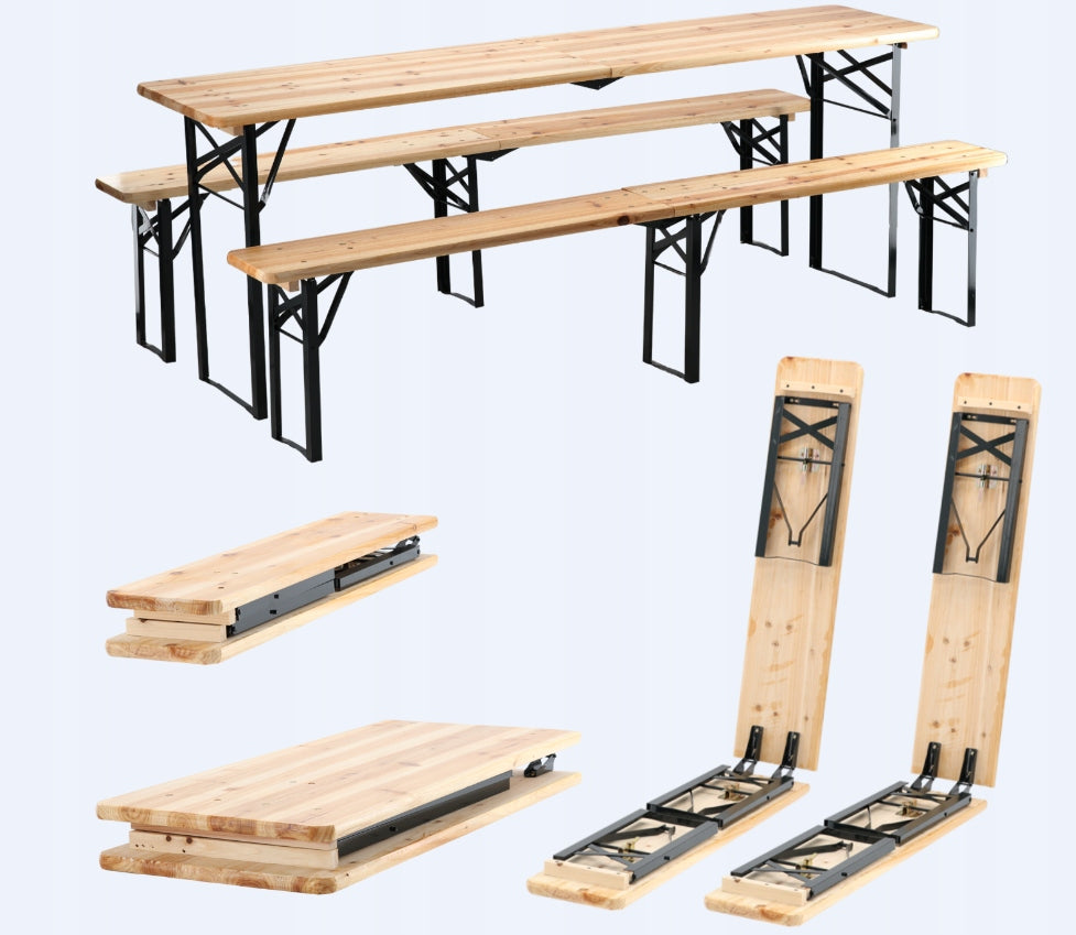 Set berarie din lemn masiv, plabil, pentru terasa sau gradina, o masa si doua banci, 220x50 cm, natur
