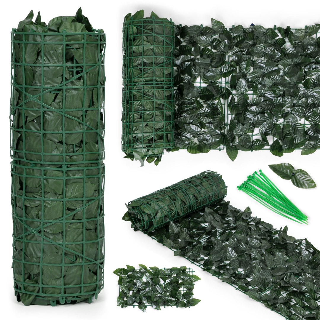 Gard artificial decorativ 50x500 cm, frunze ornamentale, protectie UV si intemperii, plastic PVC, verde inchis