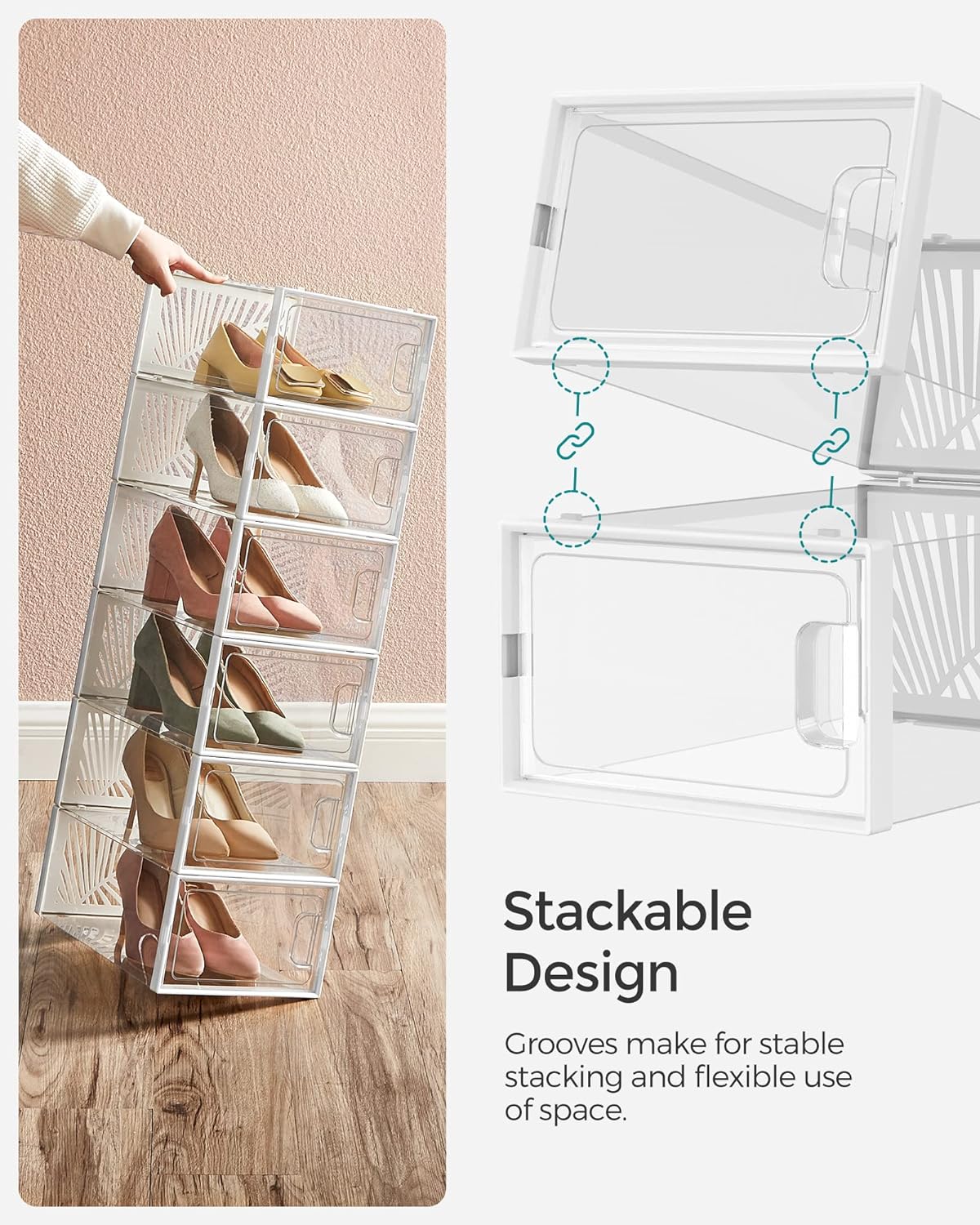 SONGMICS Cutii de pantofi, set de 18 organizatoare stivuibile, structura rezistenta ABS, 34x23x14cm, transparent