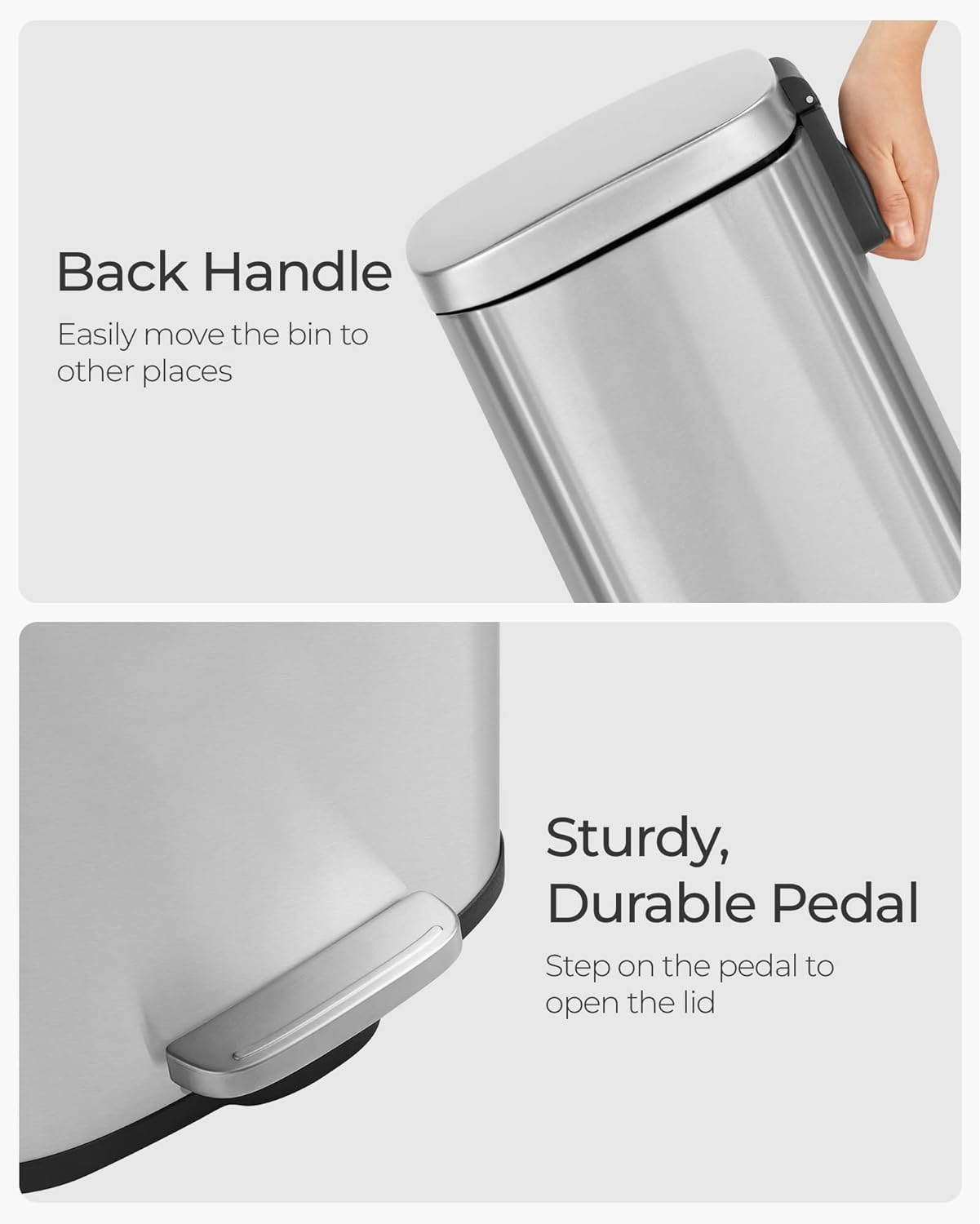 SONGMICS Cos de gunoi din otel cu pedala, galeata interioara plastic, capac inchidere lenta, 30L, 35x30x63cm, argintiu
