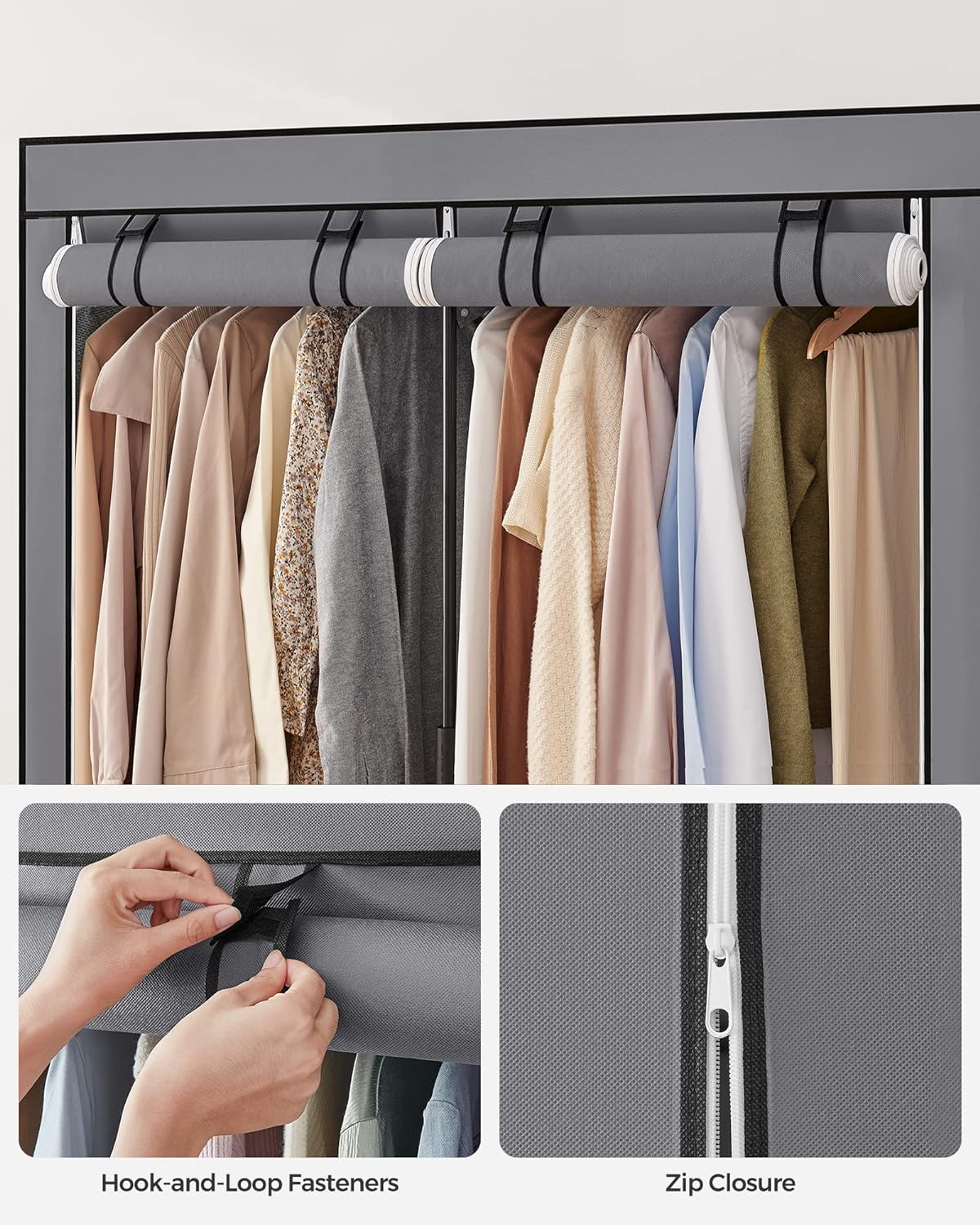 SONGMICS Garderoba pentru depozitarea hainelor, din material textil, cu 2 bare pentru umerase, 43x140x174cm, gri