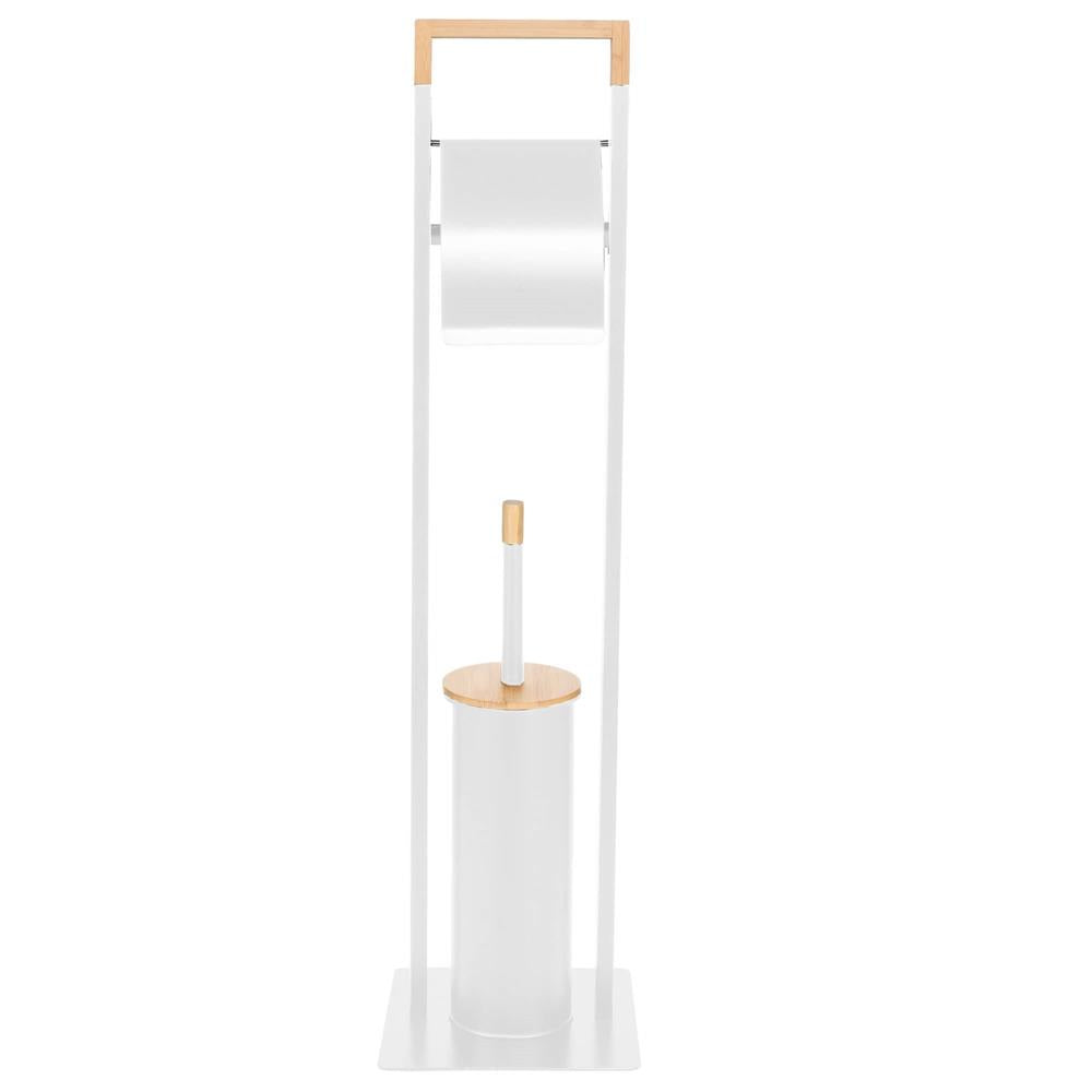 Stand cu perie WC si suport hartie igienica, metal si bambus, 76cm, alb perla