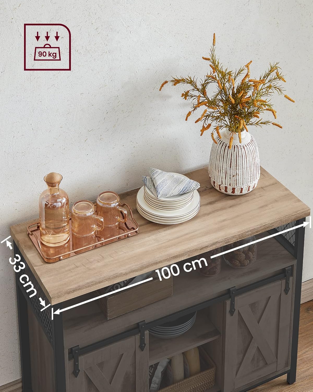 VASAGLE Comoda pentru living sau bucatarie, cu 2 usi glisante, rafturi reglabile, stil rustic, 33x100x80 cm, maro