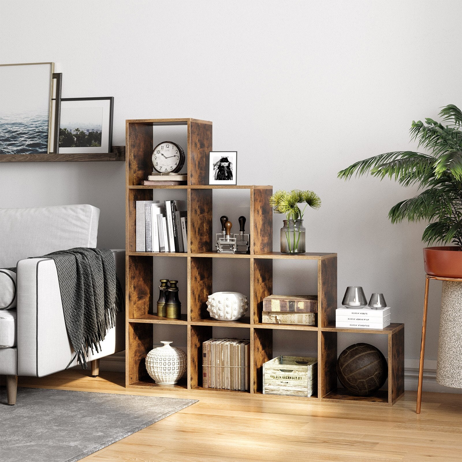 VASAGLE Biblioteca cu 10 compartimente, unitate de depozitare pentru decoratiuni, din lemn, 29x129x129cm, maro rustic