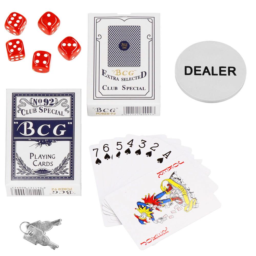 Set de Poker Complex cu 500 de jetoane, covoras verde, 2 seturi de carti, 5 zaruri, in servieta aluminiu