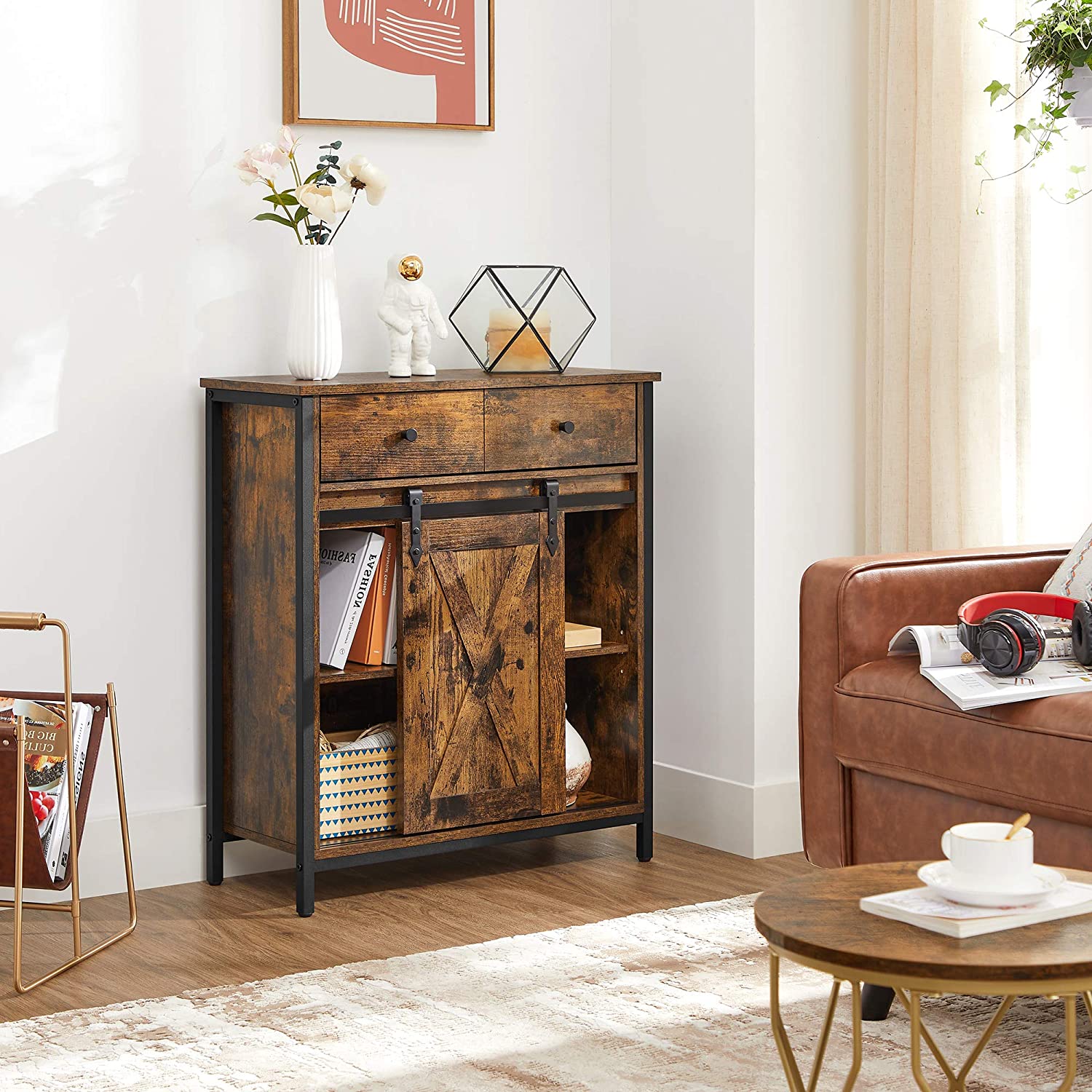 Comoda pentru living sau bucatarie, cu 2 sertare si usa glisanta, rafturi reglabile, stil rustic, 30x70x80cm, maro si negru