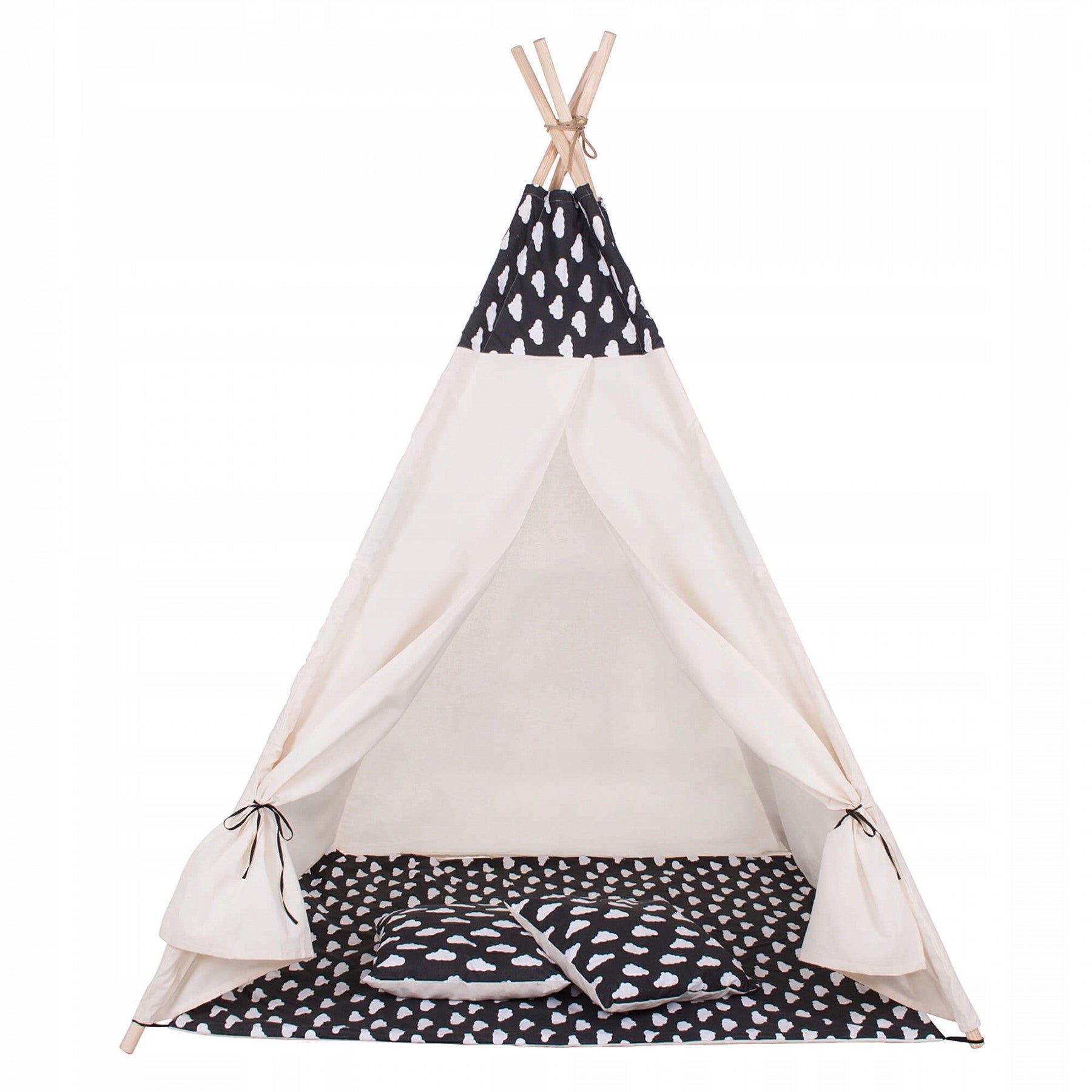 Cort copii Sersimo stil indian Teepee Tent cu fereastra, covoras gros si 2 perne, alb negru cu norisori
