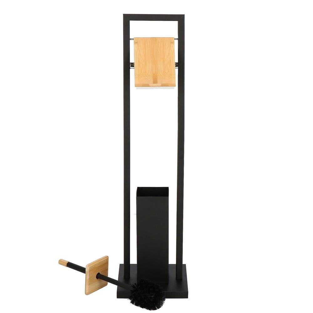 Stand cu perie WC si suport hartie igienica, metal si bambus, 80cm, negru
