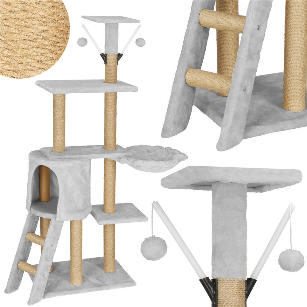 Ansamblu de joaca pentru pisici, cu loc pentru zgariat, ascuns, culcus, soricei, 136cm, gri