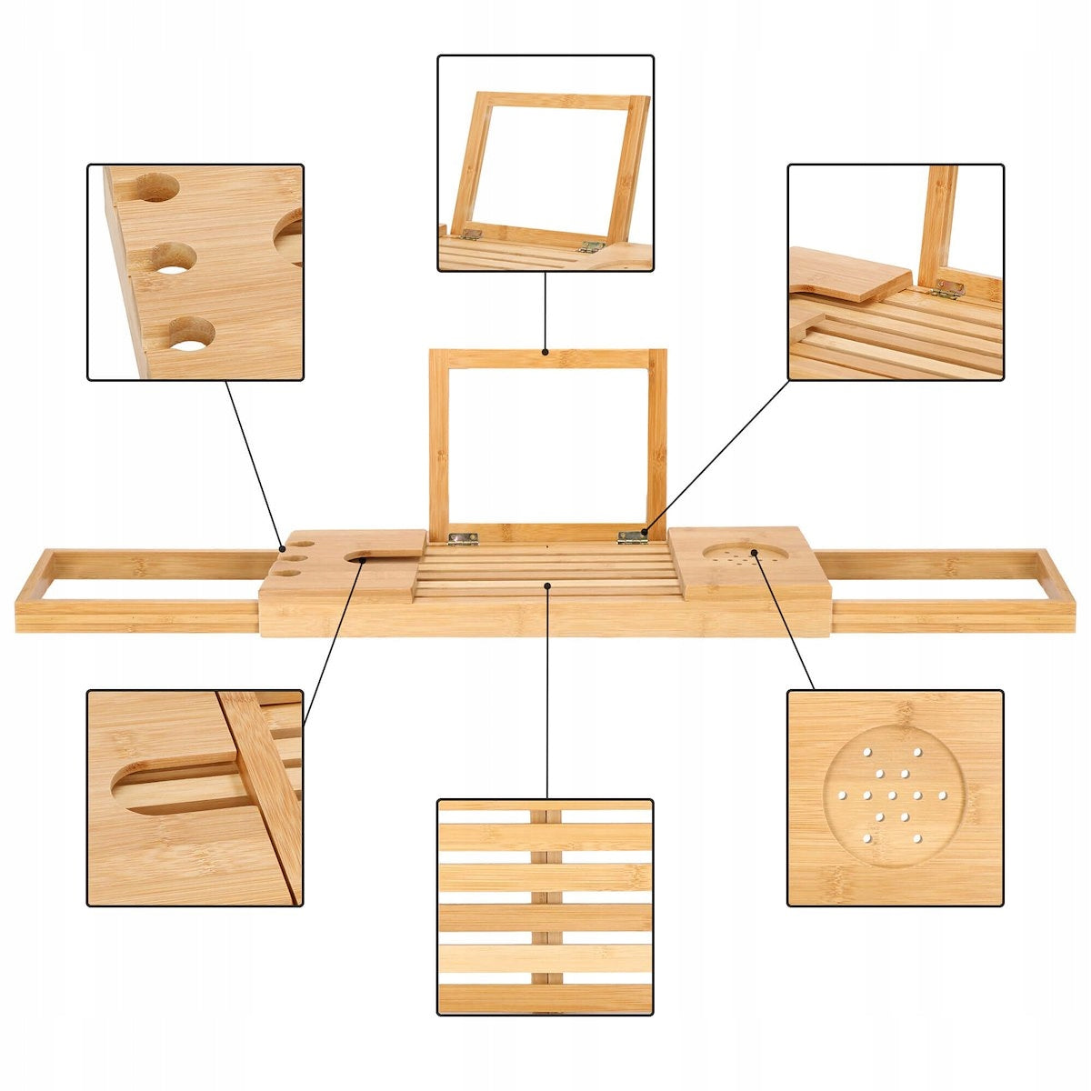 Raft cu tava pentru cada din bambus natural Sersimo 1023, extensibila, 50-93x15cm