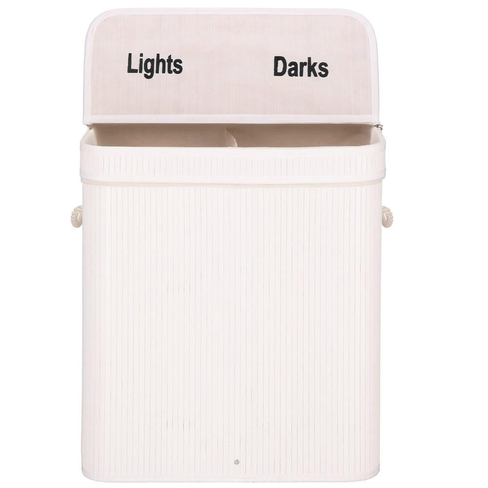 Cos de rufe din bambus cu capac, 2 compartimente, sac detasabil, volum 100L, 54x35x60cm, alb - 11