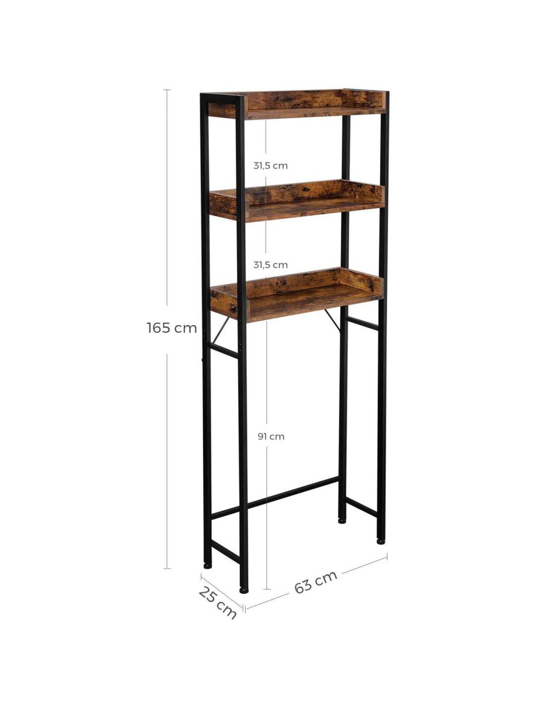 VASAGLE Raft de depozitare pentru baie, suprapunere peste masina spalat sau vas WC, 25x63x165 cm, maro