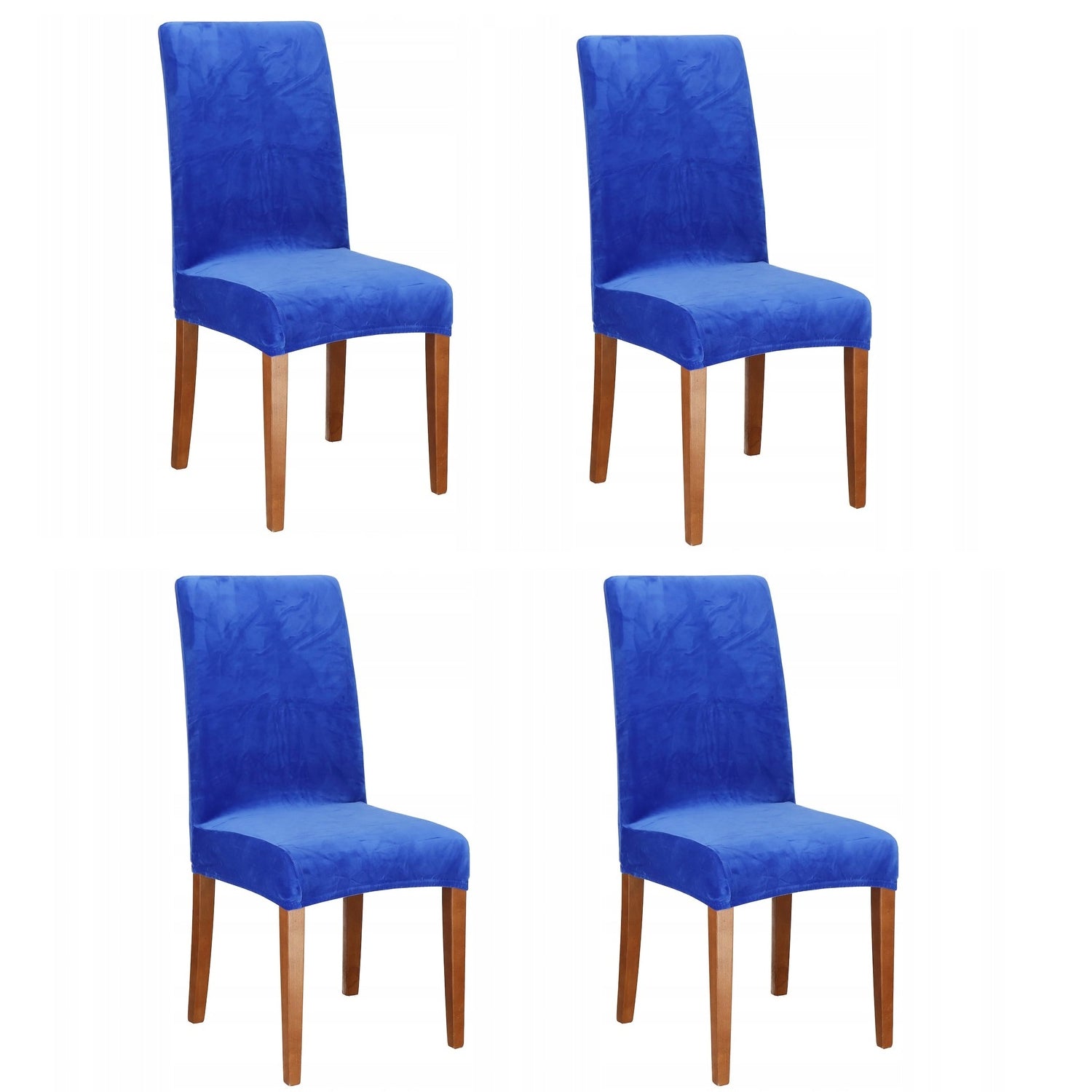 Set 4 huse pentru scaun catifelata, marime universala, poliester si spandex, albastru inchis