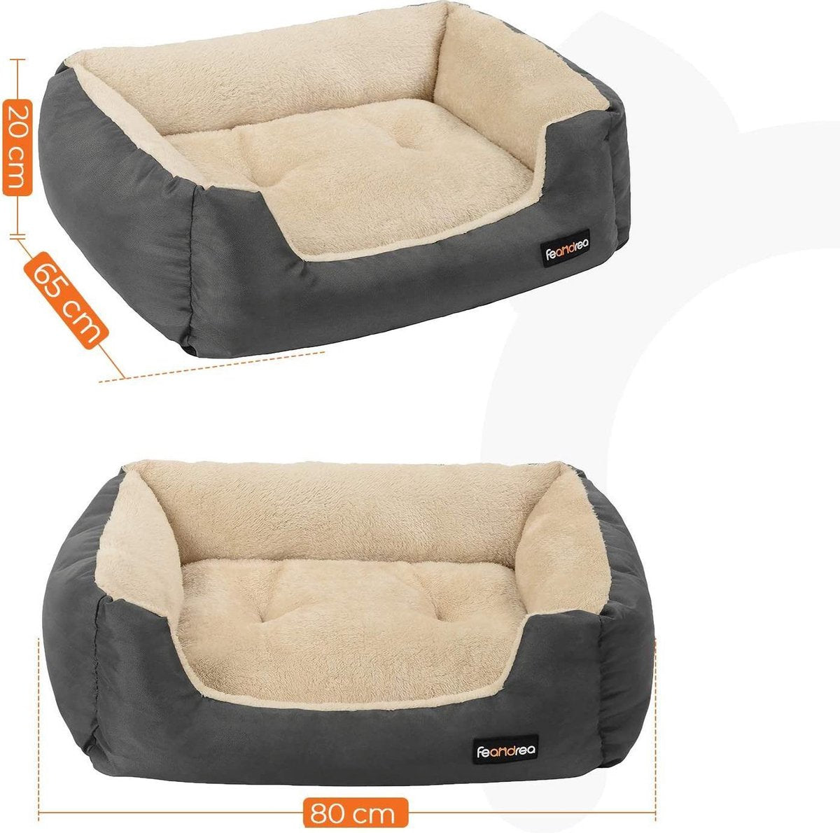FEANDREA Pat pentru caini, cu margini groase ridicate, antiderapant, marime M, 80x65x20 cm, gri