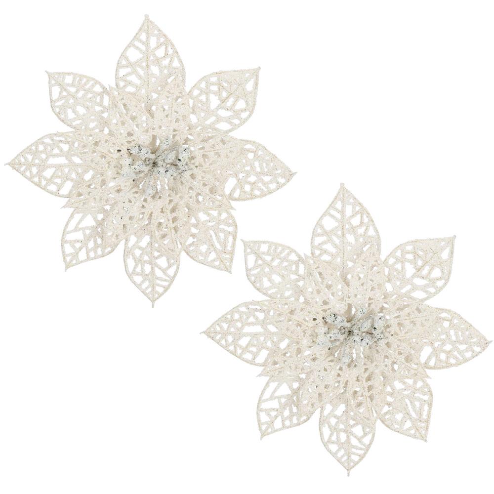 Set 10 ornamente pentru bradul de Craciun, stea Poinsettia, 14cm, alb cu sclipici