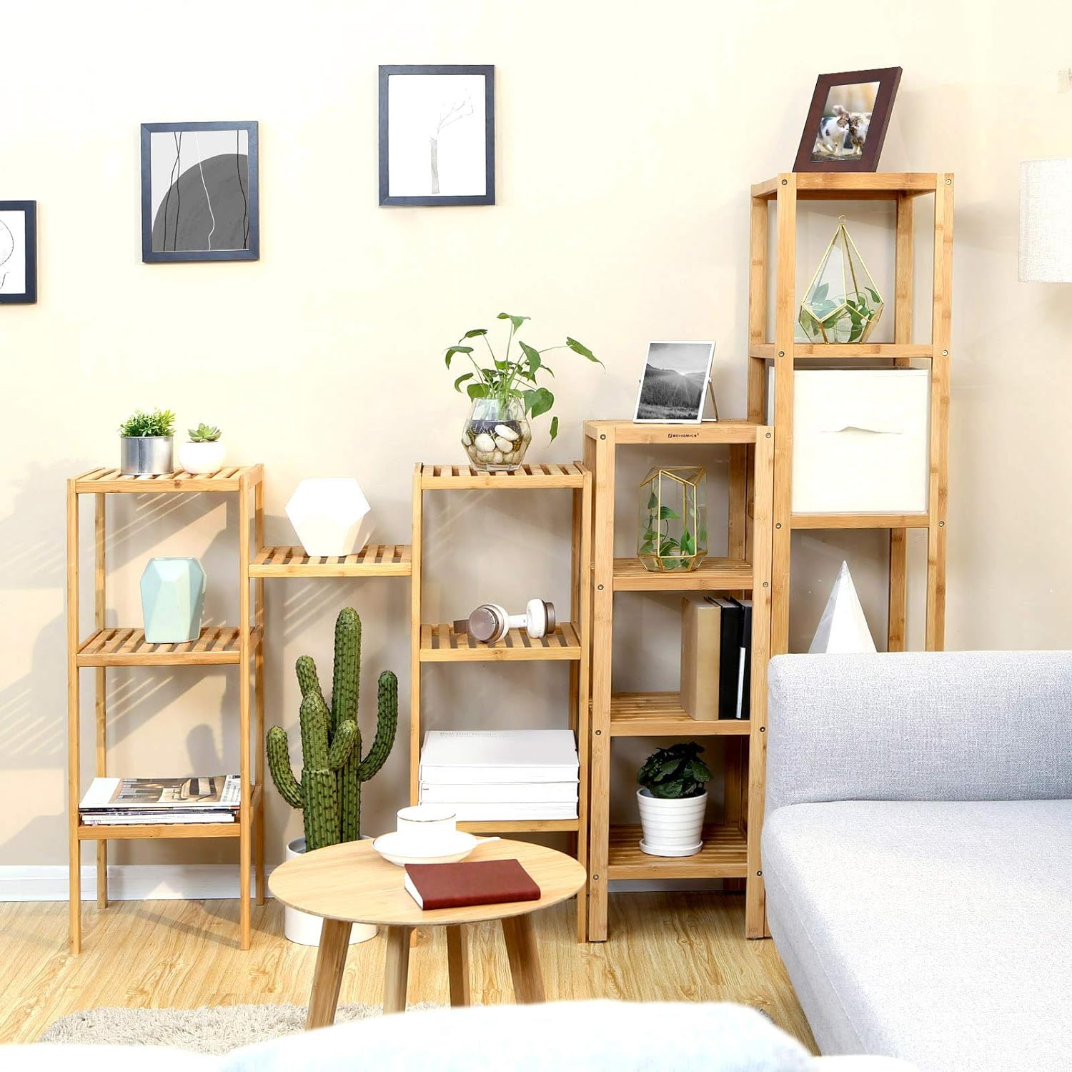 SONGMICS Raft de depozitare din bambus, 5 polite, pentru bucatarie sau baie, 146x33x33cm, maro natural