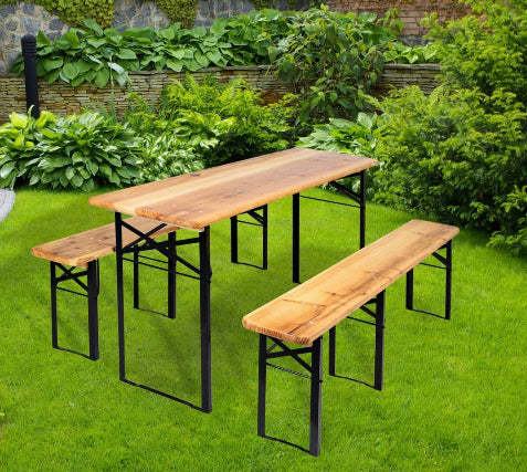 Set berarie din lemn masiv, pliabil, pentru terasa sau gradina, o masa si doua banci, 177x46cm, natur